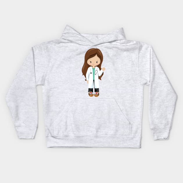 Doctor, Nurse, Stethoscope, Lab Coat, Brown Hair Kids Hoodie by Jelena Dunčević